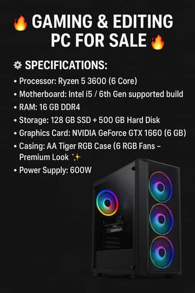 Gaming & Editing PC – Ryzen 5 3600 | GTX 1660 | 16GB RAM | RGB Case