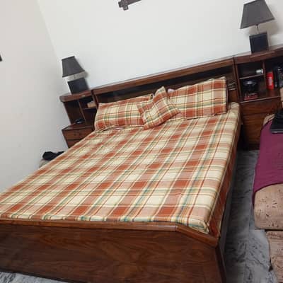 king size wooden bed with side tables without mattress  and coffee tab