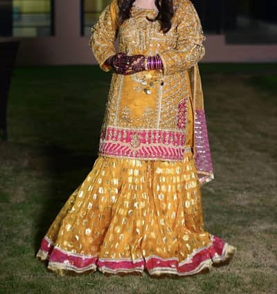 Stunning Mustard & Pink Heavily Embroidered Mehndi Sharara Set