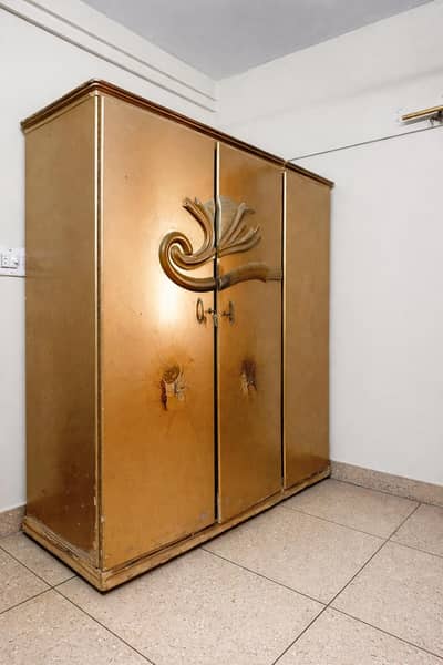 3 Door Wooden Almari – Golden Finish | Used | Strong & Spacious