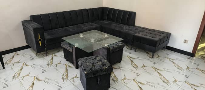 L Shape sofa brand new with table set & puffy