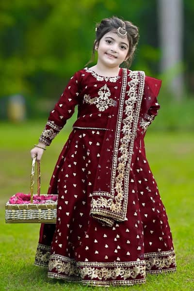 3 Pcs Girl's Shamoz Silk Embroidered Shirt And Skirt Set