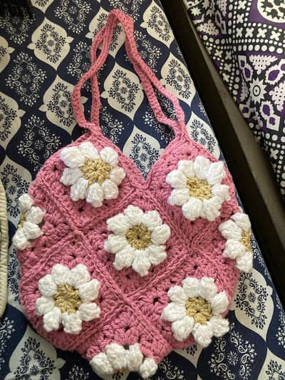 3D crochet puffed flower handbag
