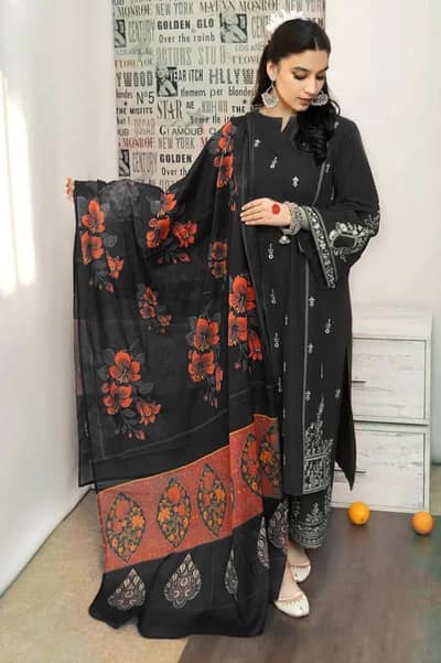 3 Pcs Women's Unstitched Lawn Embroidered Suit