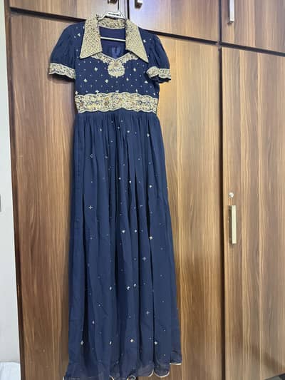 Indo Western Navy Blue Hand Made Embroidered Long Gown