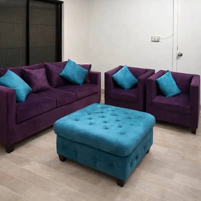 Purple Velvet Sofa Set with Teal Ottoman – 5 Seater