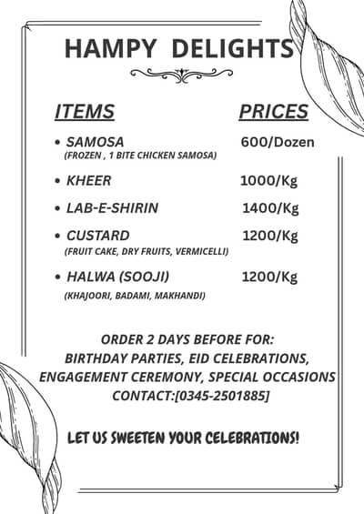 Samosa, lab e shirin, kheer, Custard and  Halwa