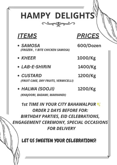 Samosa, lab e shirin, kheer, Custard and  Halwa