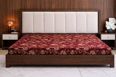 slightly used low profile bed with two side tables