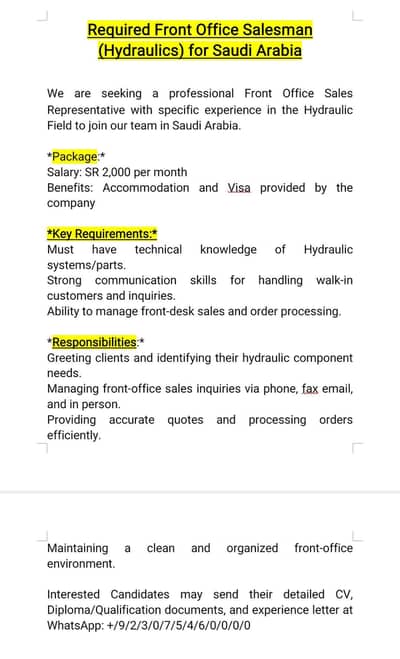 Hiring: Front Office Salesman (Hydraulics) – Saudi Arabia*