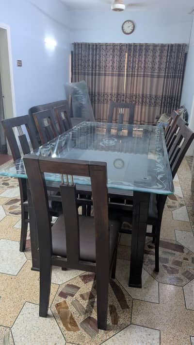 8 seater Dining Table Set - Solid Wood + Glass Top
