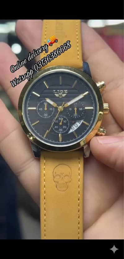 Stylish LIGE Watch for Men -Unique Skull leather strap 10/10 Condition