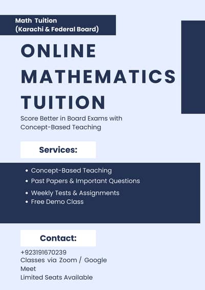 Online Mathematics Tuition for 9th & 10th (Federal & Karachi Board) –