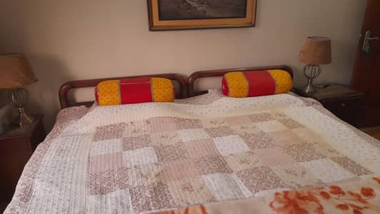 2 single shesham beds with side tables, without mattress