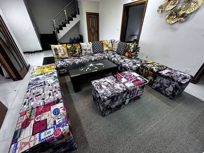 Large Size L-Shaped Sofa with 8 Ottomans and Table