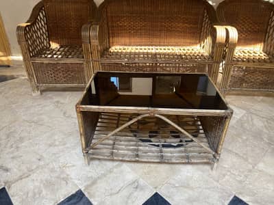 Traditional Cane Sofa Set with glass top table in excellent condition