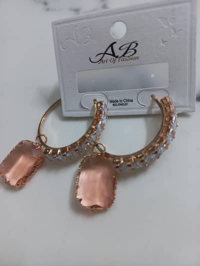 925 Silver Stylish Earrings | Rose Gold Hoops with Stone Pendant | New