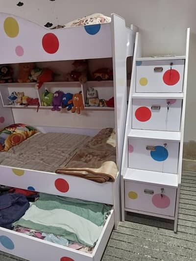 kids tripple bunker bed with Bed, cupboard, slide