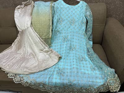 Beautiful Sky Blue Embroidered Formal Dress with Dupatta and Garara