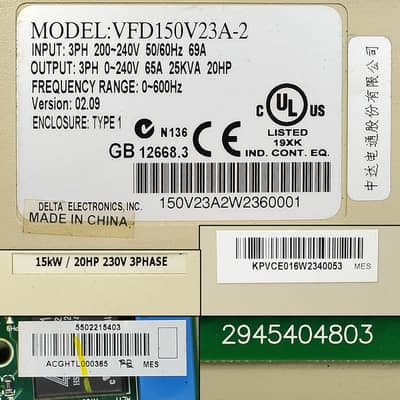 Delta VFD150V23A-2 20HP 15kW AC Motor Drive VFD 230V 3Phase Variable