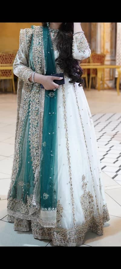 Bridal Nikkah Dress – Custom Designed & Unique (White, Golden & Teal)