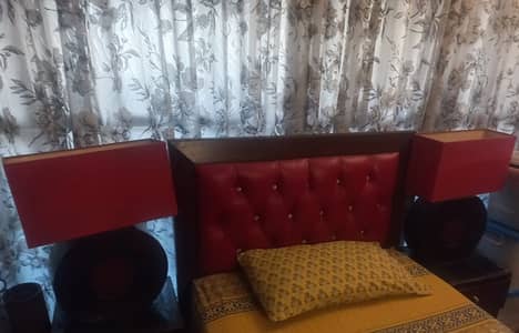 Wooden Lamp Pair with Shades in Red