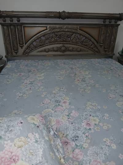 Used wooden bed with side table and wardrobe