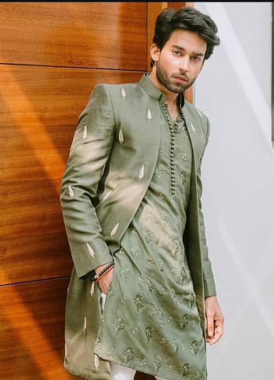Olive green Raw silk wedding sherwani for groom dulha barat day