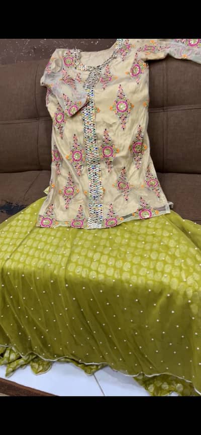 Elegant Off-White & Green Embroidered 2-Piece Party Wear Dress