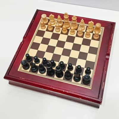 1970s German Small Wooden Chess Set with Board and Storage Box
