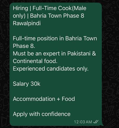 Cook required in Rawalpindi