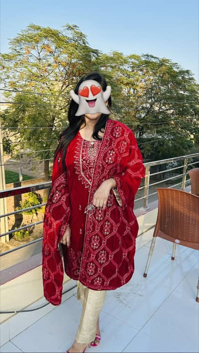 Red velvet dress with all over embroidery with banarsi golden trouser