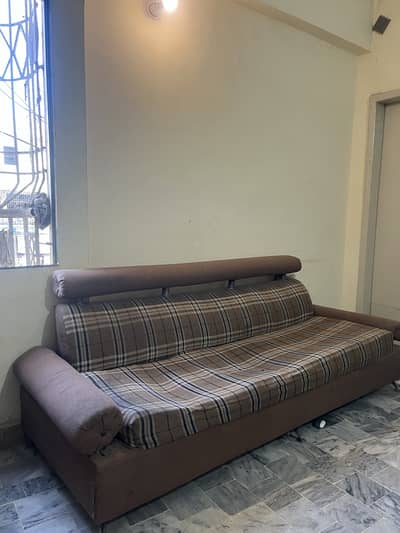 Brown Plaid Sofa Set — 3 Seater + 2 Single Chairs (5 Seats)