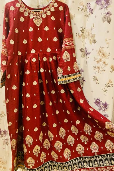 Elegant Red Embroidered Tila Work 3-Piece Tailor Made Dress-L