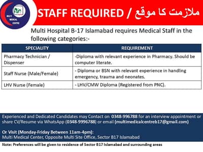 Jobs for Nurse, Paramedic, Pharmacy Technician & Dispenser at B-17 ISB
