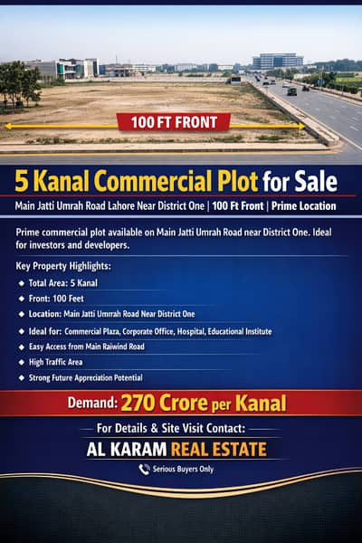 5 Kanal Commercial Plot for Sale on Main Jatti Umrah Road Lahore Near District One | 100 Ft Front | Prime Location