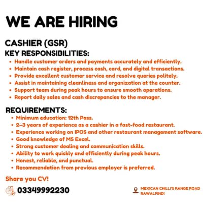 Cashier job in Rawalpindi (We are Hiring Cashier)