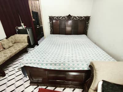 Solid Wood Double Bed with 2 Side Tables