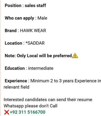 Salesman / Sales Representative Required at Clothing Brand