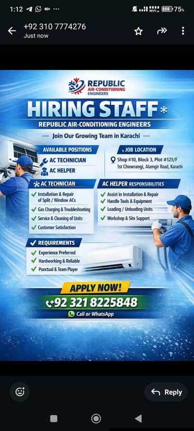 AC Technician / AC Helper Needed | Job |  Alamgir Road Karachi
