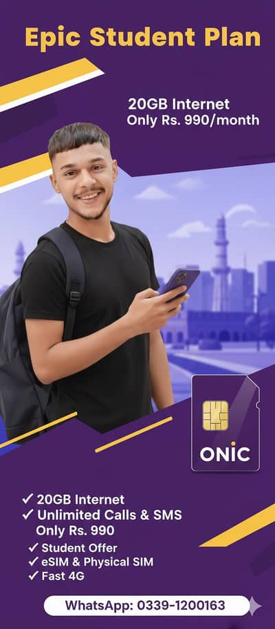ONIC Student Plan SIM – 20GB + Unlimited Calls/SMS – Rs 990 | Lahore
