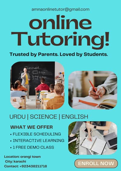 Online Tutor for Class 1 to 8 | English, Science, Urdu, Islamiat.