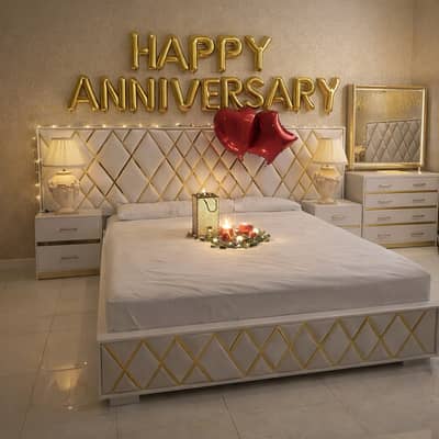 Luxury White & Gold Bedroom Set – Bed, Side Tables & DressingT