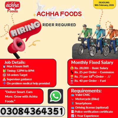 Delivery Riders Required || Rider Jobs ( ACHHA FOODS RIDER  Jobs )
