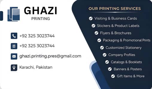 Ghazi printing press, Deals in all kinds of printing work