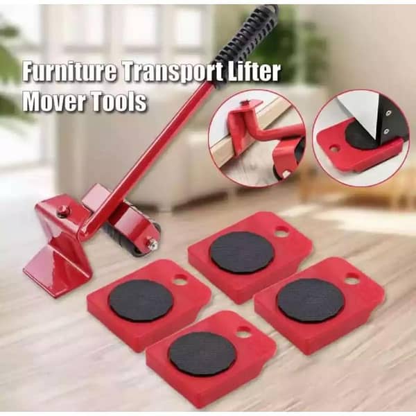 Furniture Lifter Mover Tool Set: 5-Piece 4-Wheeled Movers with 1 Wheel Bar
