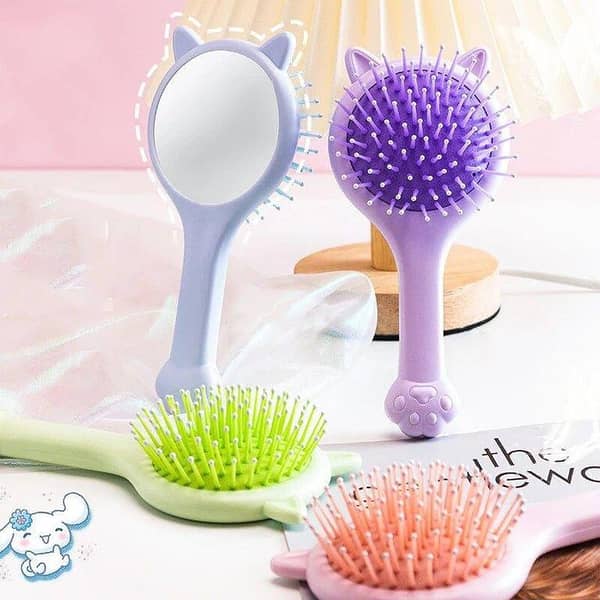 Hair Brush Cute Cat Ear Detangling Comb with Mirror on Back Paw Handle, Glitter Candy Colors, No-Pain for Dry & Wet Hair, Kids and Girls