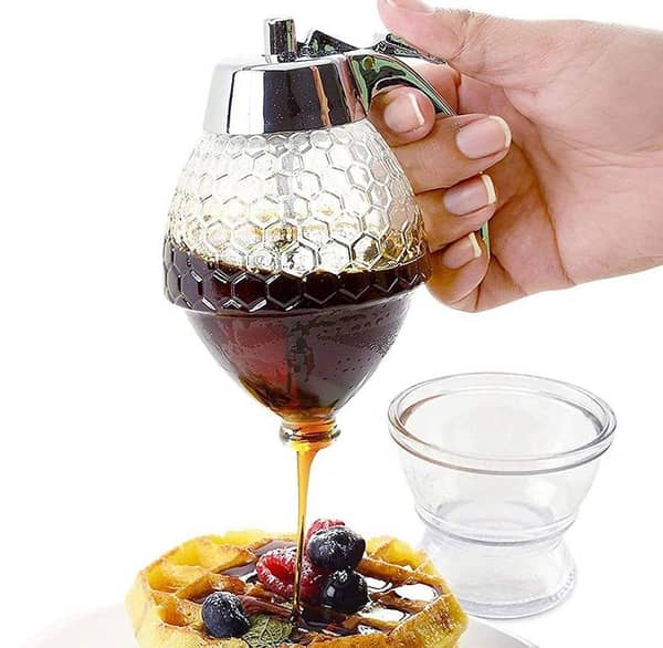 Honey dispenser no drip acrylic(ABS) with stand, Honey jar with dipper, Maple. . .
