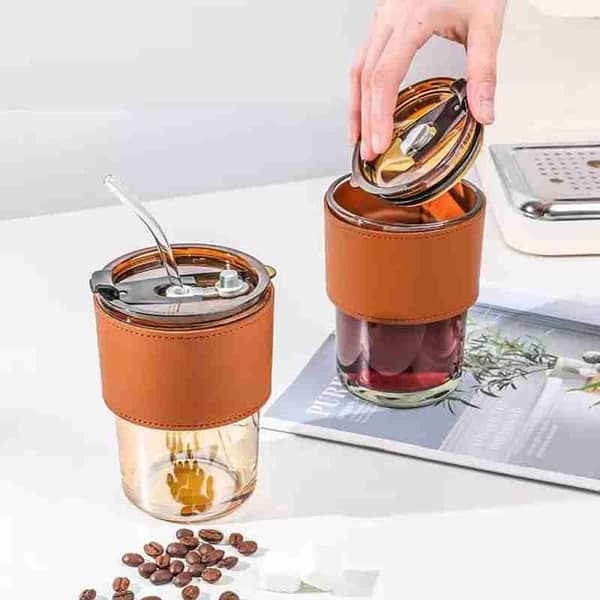 high quality coffee tumbler mugs with lid & straw reusable coffee glass with protective leather sleeves 450ml coffee tumbler glass cups with straw reusable slub juice glass with straw & lid coffee mugs for office, school,home juice glass with straw
