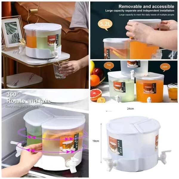 5200ml Large Capacity 3-Grid Rotating Cold Kettle With Lid    5.2L Tap Beverage Dispenser 360° Rotating Drink Server Refrigerator Juice Dispenser Water Dispenser for Home Party Banquet Cold and Heat Resistant -20℃~150℃